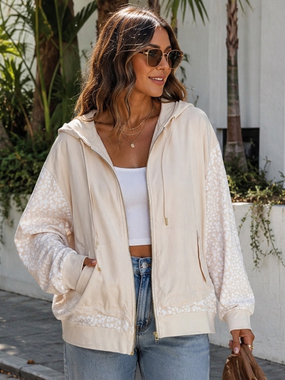 Fabletics Cream Hooded Zip-Up Bomber Jacket *Read description*